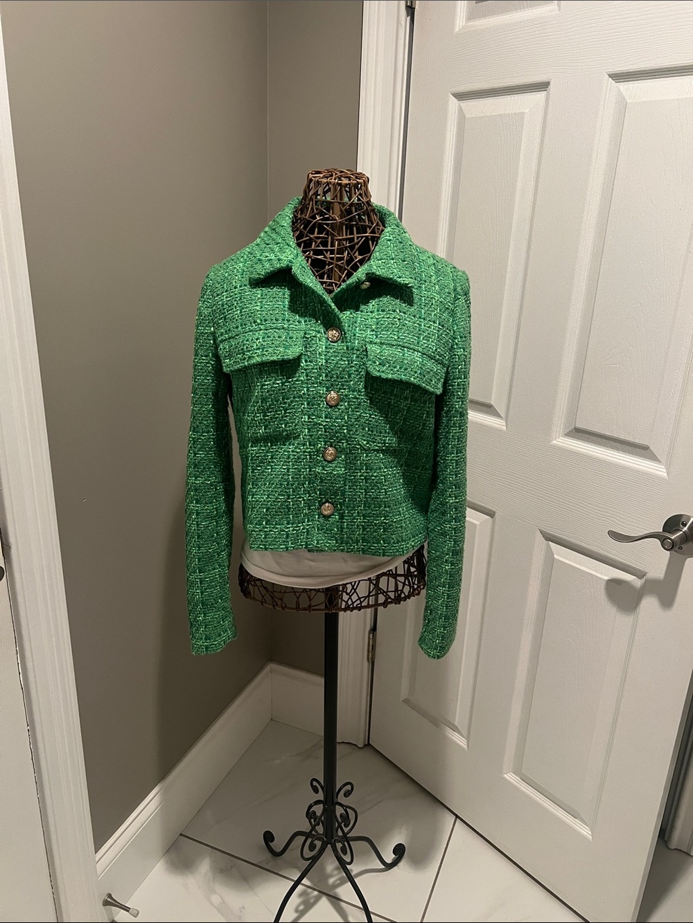Rachel Zoe Green Tweed Cropped Button Jacket